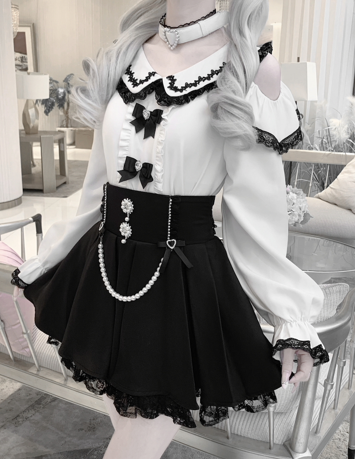 Jirai Kei Open-shoulder Blouse Black Skirt With Peal Chain 42164:729280