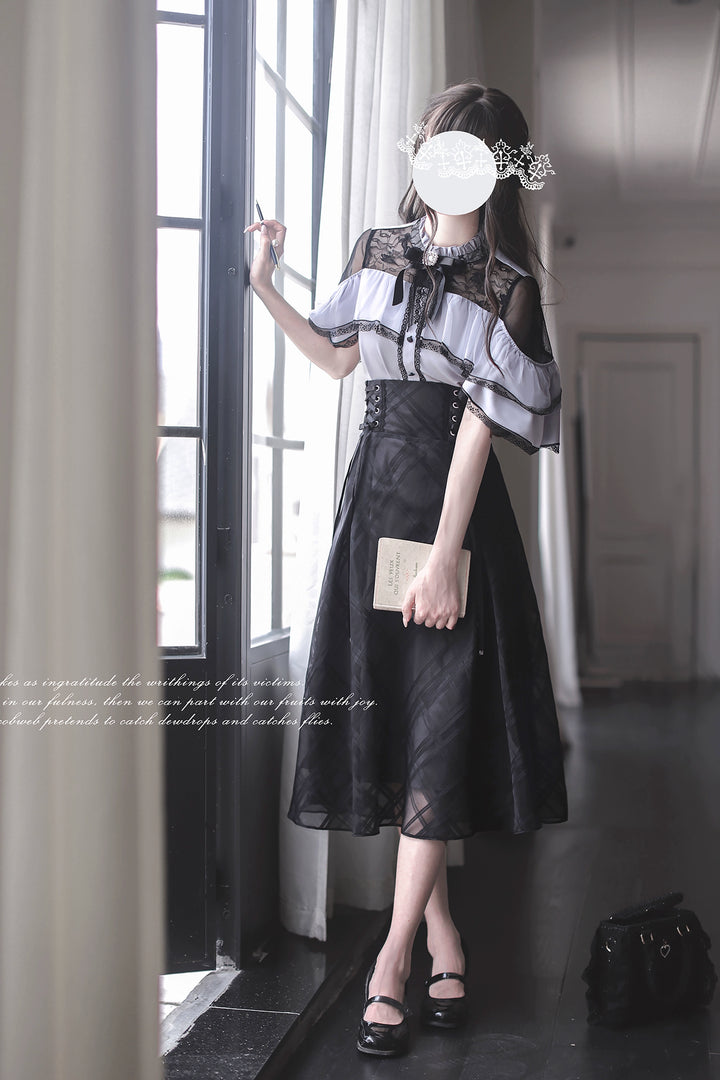 Black Maxi Jirai Kei Skirt, Purple Cape Blouse 43111:766066
