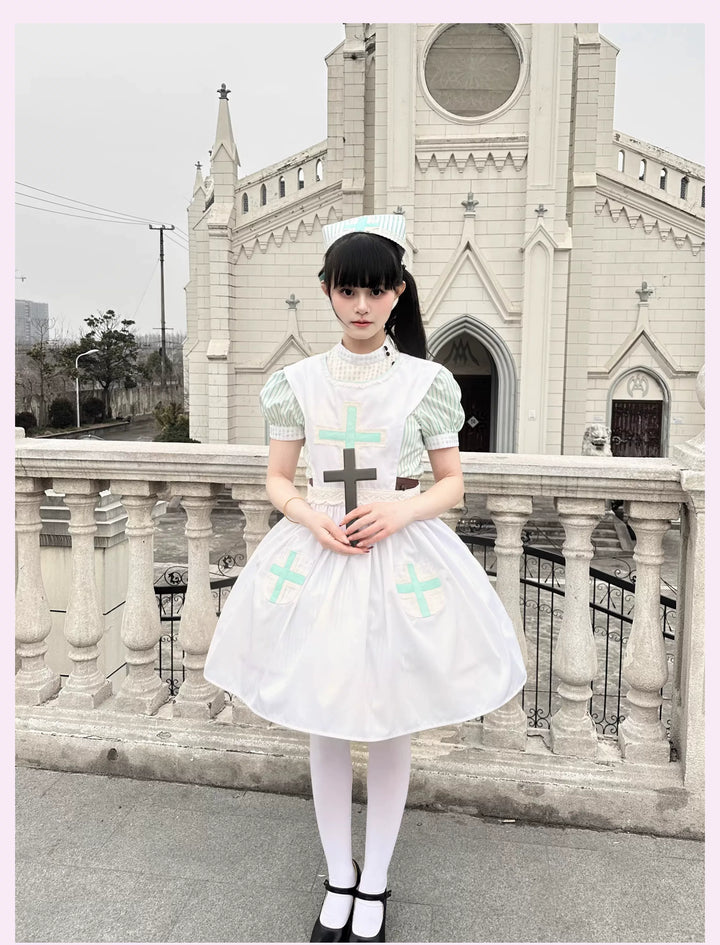 Old School Lolita Striped Dress, Cross Apron 45136:836816