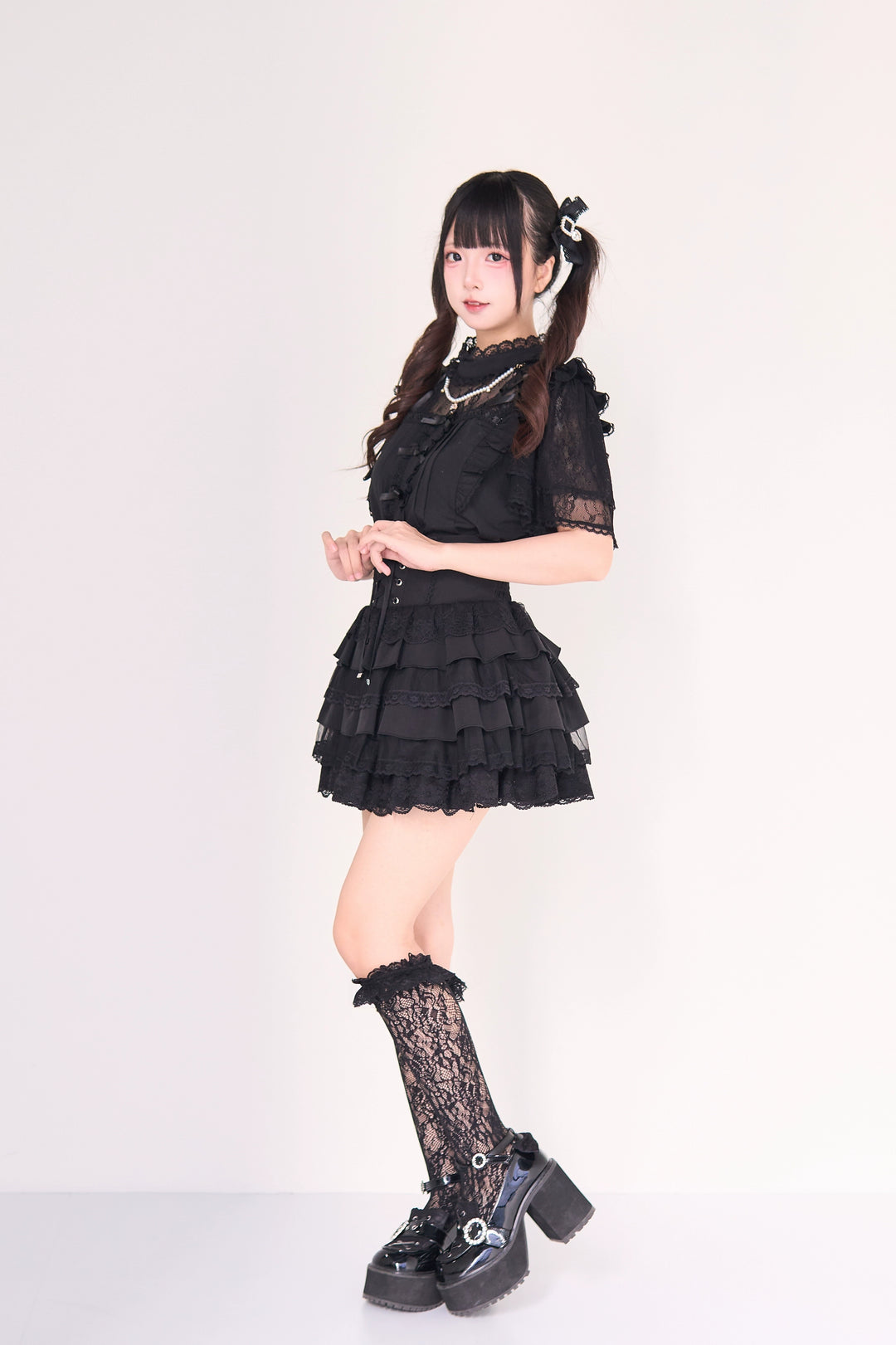 Jirai Kei Pearl Necklace Blouse, Lace-up Cake Skirt Set 43019:765665