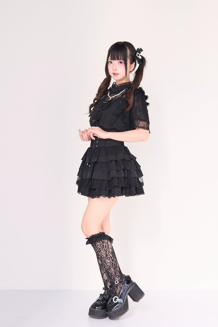 Jirai Kei Pearl Necklace Blouse, Lace-up Cake Skirt Set 43019:765665