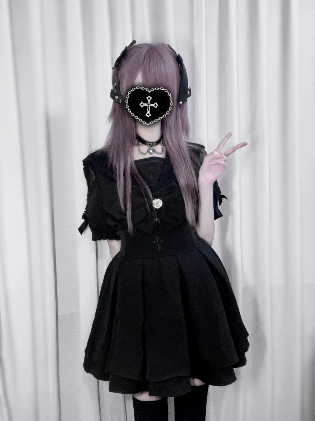 Sailor Collar Jirai Kei Blouse, High Waist Skirt, Embroidered Cross (L M XL) 37118:552560