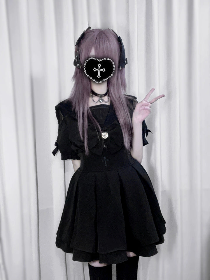 Sailor Collar Jirai Kei Blouse, High Waist Skirt, Embroidered Cross (L M XL) 37118:552560