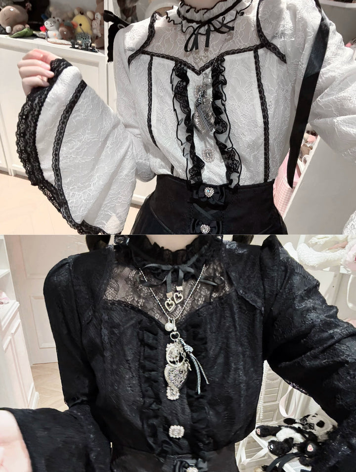 Jirai Kei Lace Blouse and Jacquard Skirt, Hime Sleeves 43943:792459