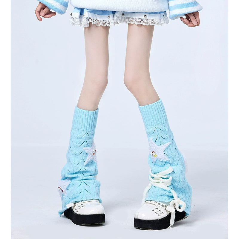 Tenshi Kaiwai Knit Leg Sleeves Y2K Stacked Socks Multicolor (Blue) 38250:582372