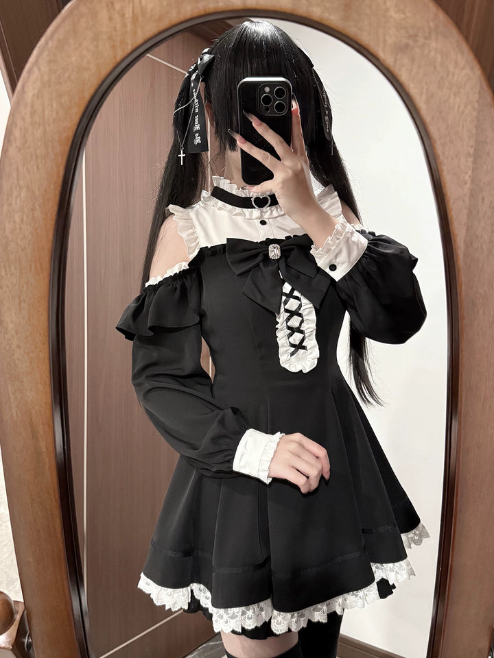 Jirai Kei Open-shoulder Dress Set, Detachable Corset 44751:821143