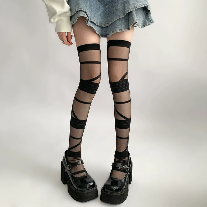 Lolita Socks Y2K Thigh-high Socks Straps White Black Silk 36616:522426 36616:522426