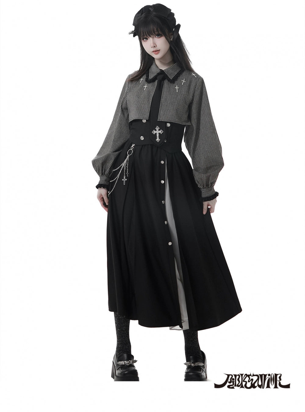 Gothic Striped Blouse, Black Skirt Set 44172:800227