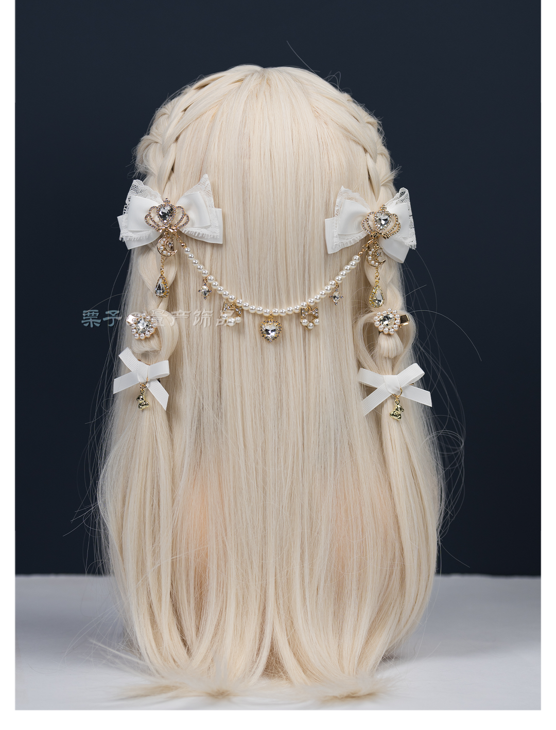 Jirai Kei Bow Hair Clips, Rhinestone Crown and Pearl Chain 44194:802740