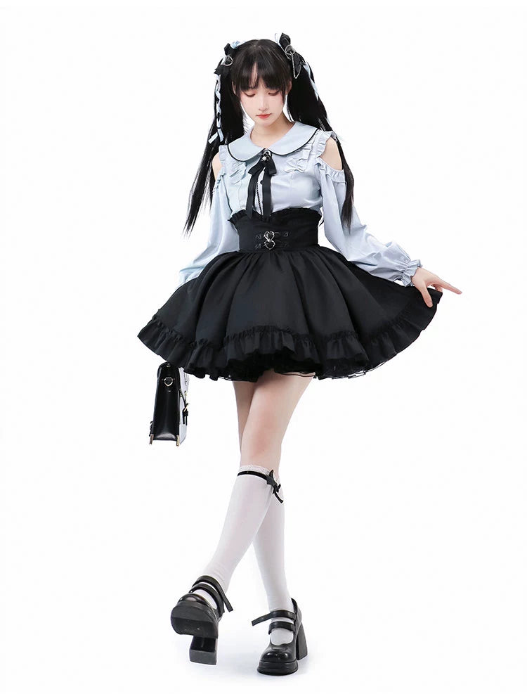 Jirai Kei Blue Open Shoulder Blouse, Flounce Hem Skirt (L M S XL) 21966:351014