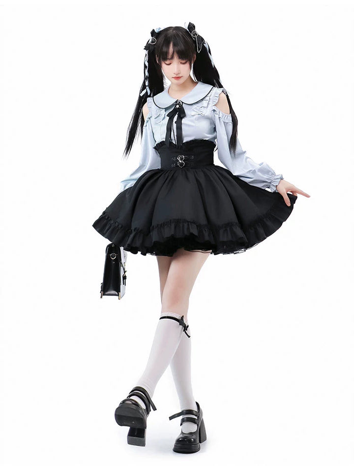 Jirai Kei Blue Open Shoulder Blouse, Flounce Hem Skirt (L M S XL) 21966:351014