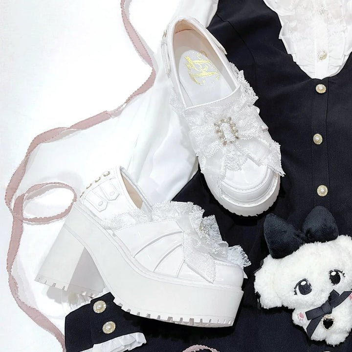 Black/White Jirai Kei Platform High Heel Shoes, Lace Bow (White / 35 36 37 38 39 40 41 42) 45952:872985
