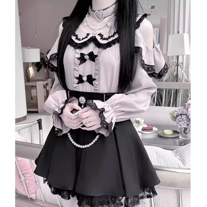 Jirai Kei Open-shoulder Blouse Black Skirt With Peal Chain 42164:734106