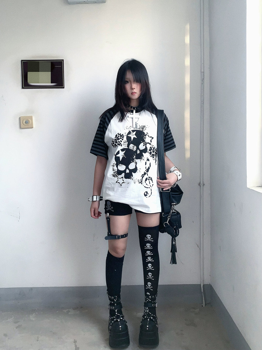 Cotton Subculture T-shirt, Gothic Skull & Leopard Heart Print 43225:771695