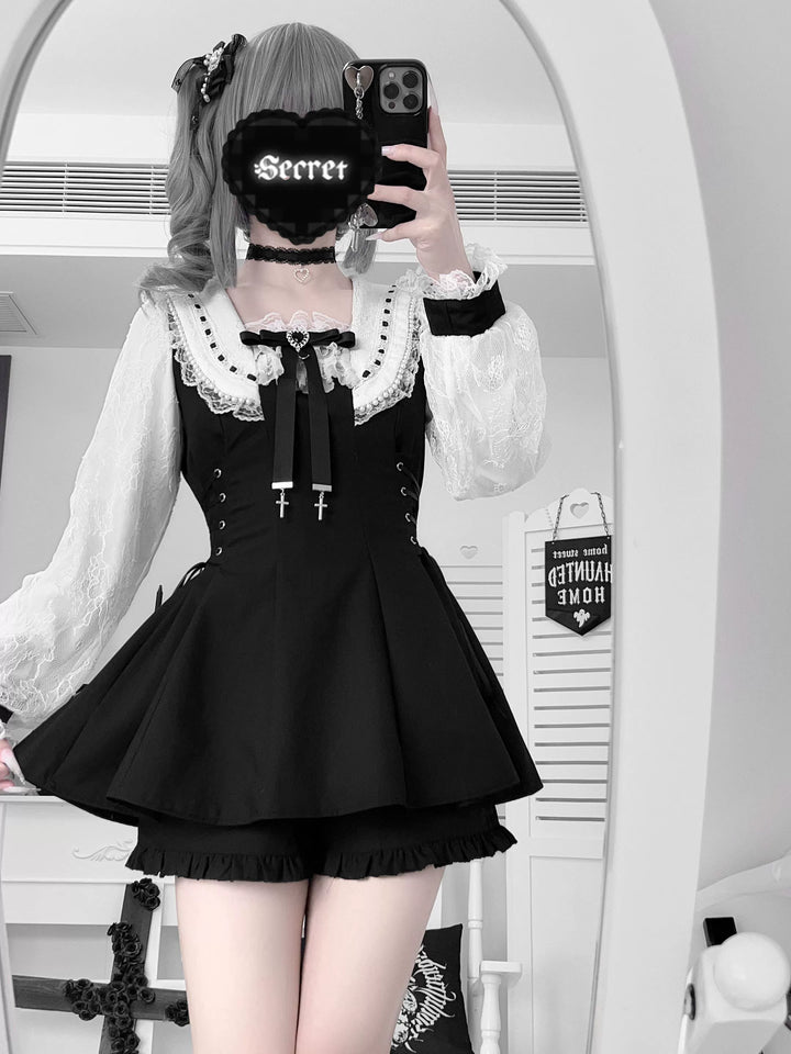 Long-Sleeved Jirai Kei Dress, Pocketed Shorts 43856:787344