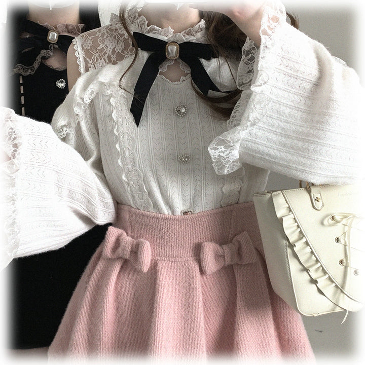 Jirai Kei Off-Shoulder Sweater, Lace Neck 44471:811032