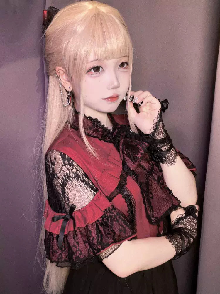Jirai Kei Blouse Lace Open Shoulder Shirt Short Sleeve (L M S XL / Red) 37852:573324