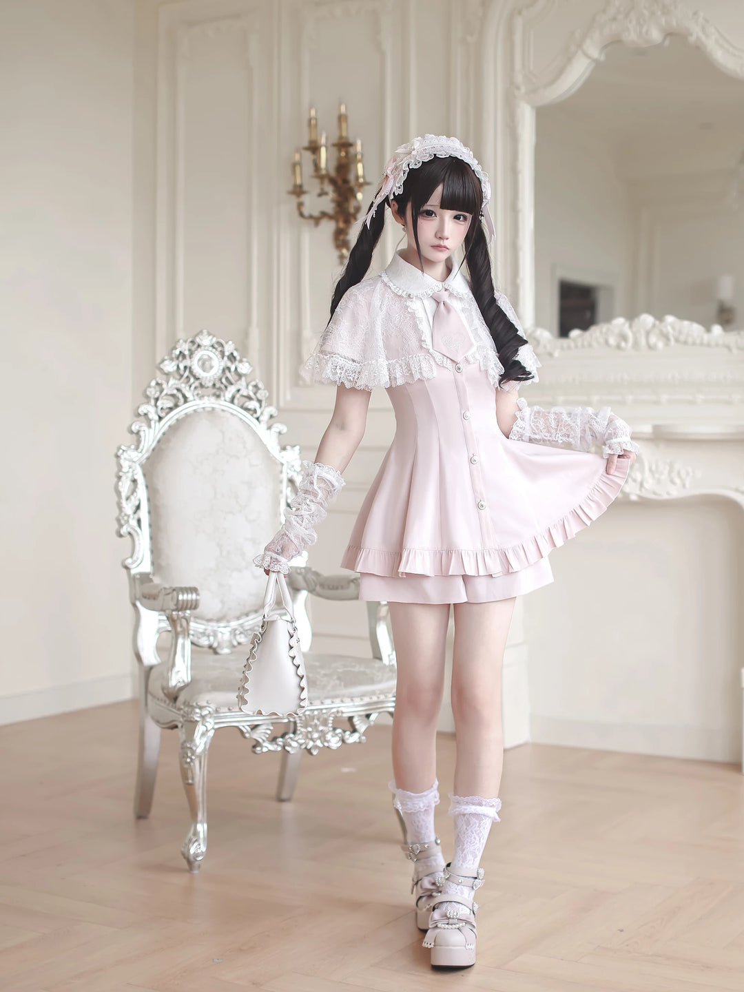 Jirai Kei Lace Shawl Dress Set, Detachable Tie 45193:840950