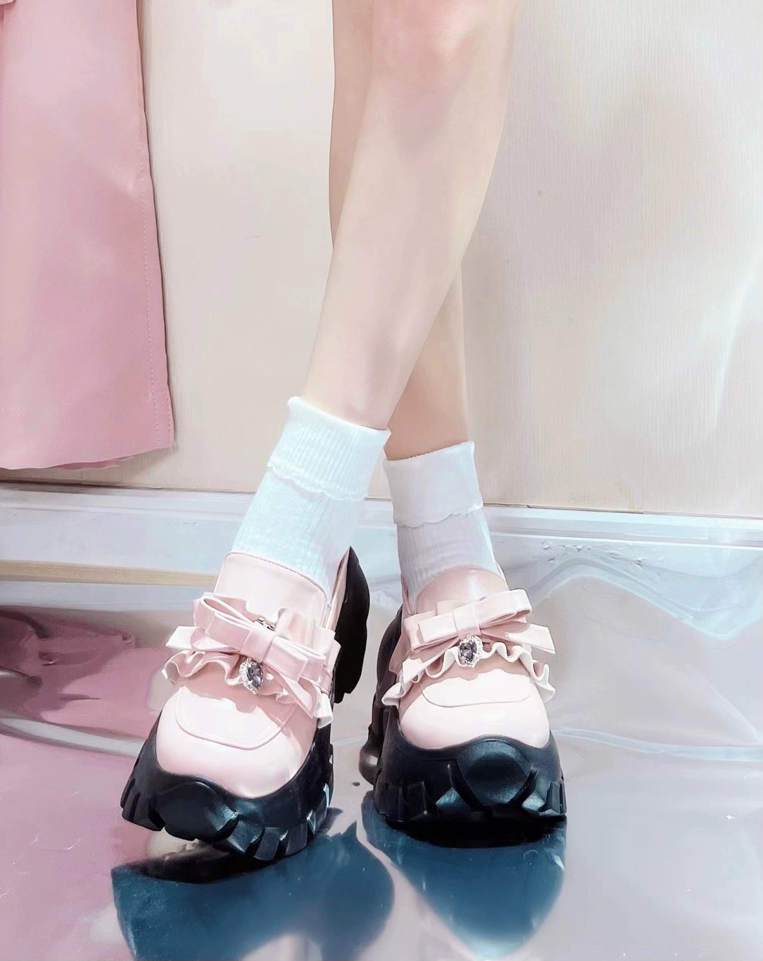 JK Uniform Pink Black Platform Shoes With Bow Ties 21892:331968