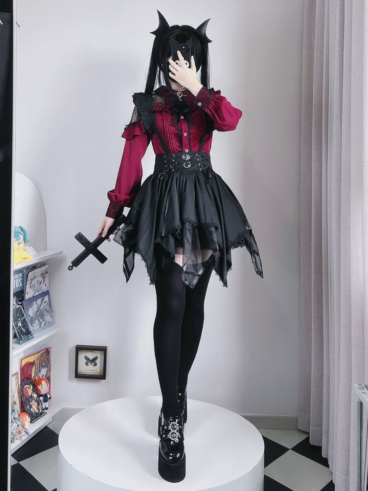 Jirai Kei Blouse Lace Bat Collar Burgundy And Black Shirt 39630:633382