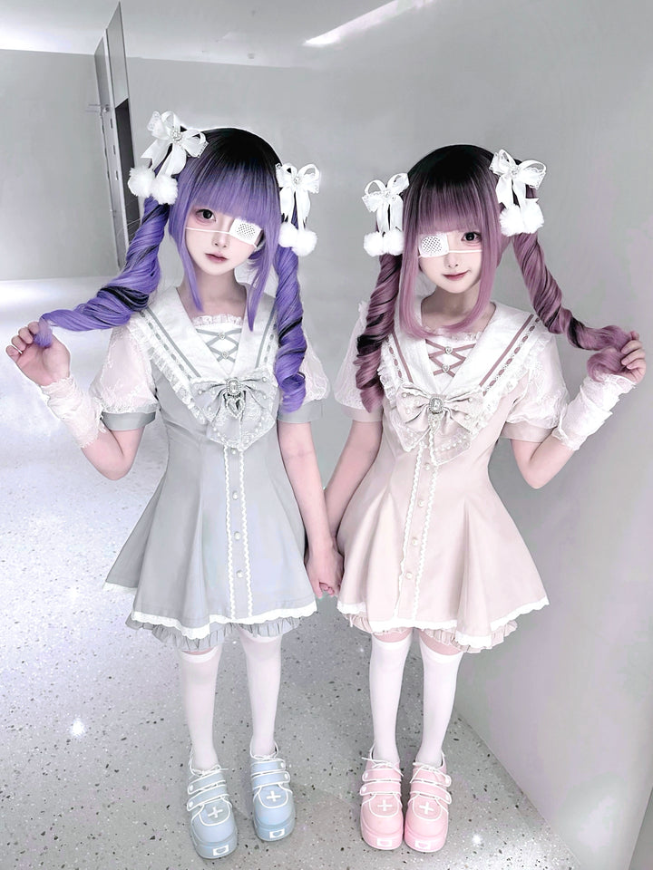 Jirai Kei Dress With Pearl Chain And Big Rhinestone Bow Tie 42813:764875