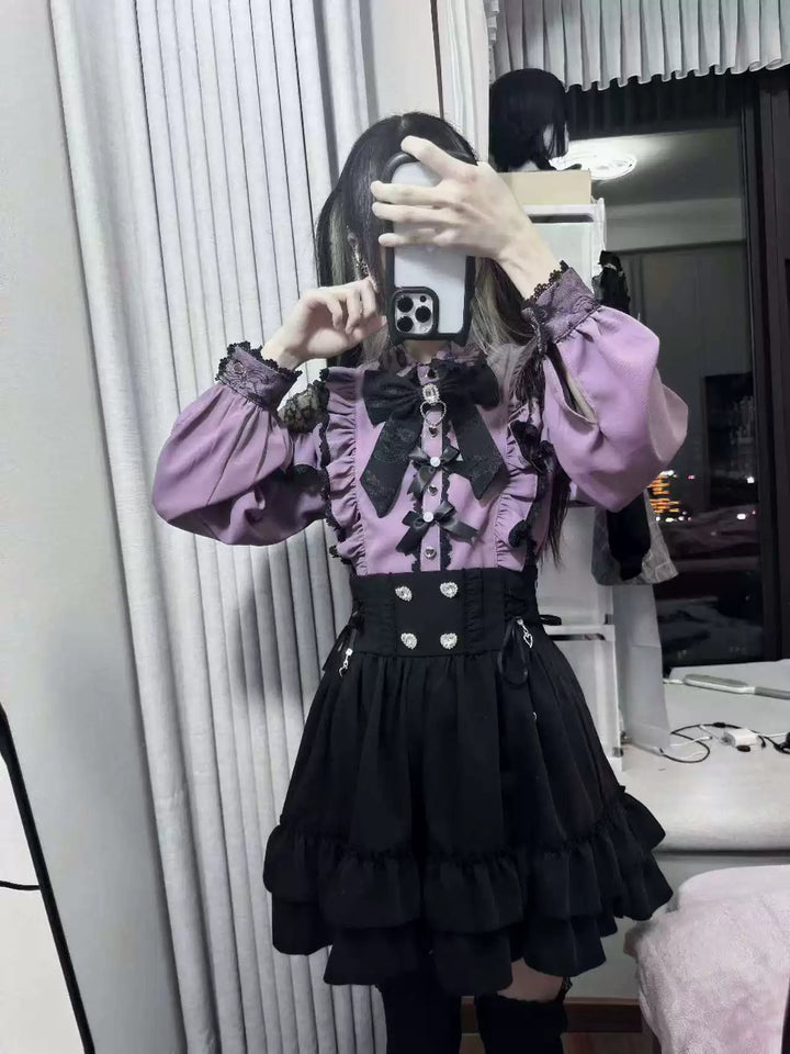 Purple Jirai Kei Blouse, Lace Trim and Detachable Bows 44666:818550