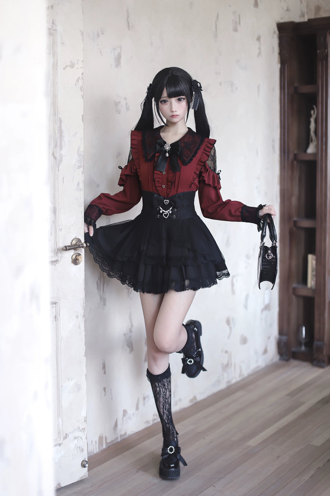 Jirai Kei Long Sleeve Blouse, Lace Overlay and Heart Buttons 44589:815126