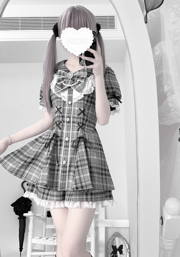 Jirai Kei Dress With Lace-Up Waist & Pocketed Shorts 43005:761667