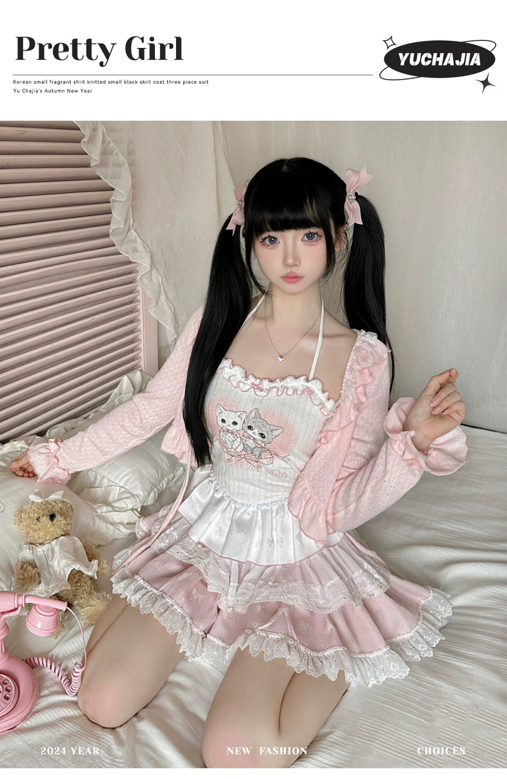 Ryousangata Skirt Set Pink Cardigan White Straps Top 37008:548366 37008:548366