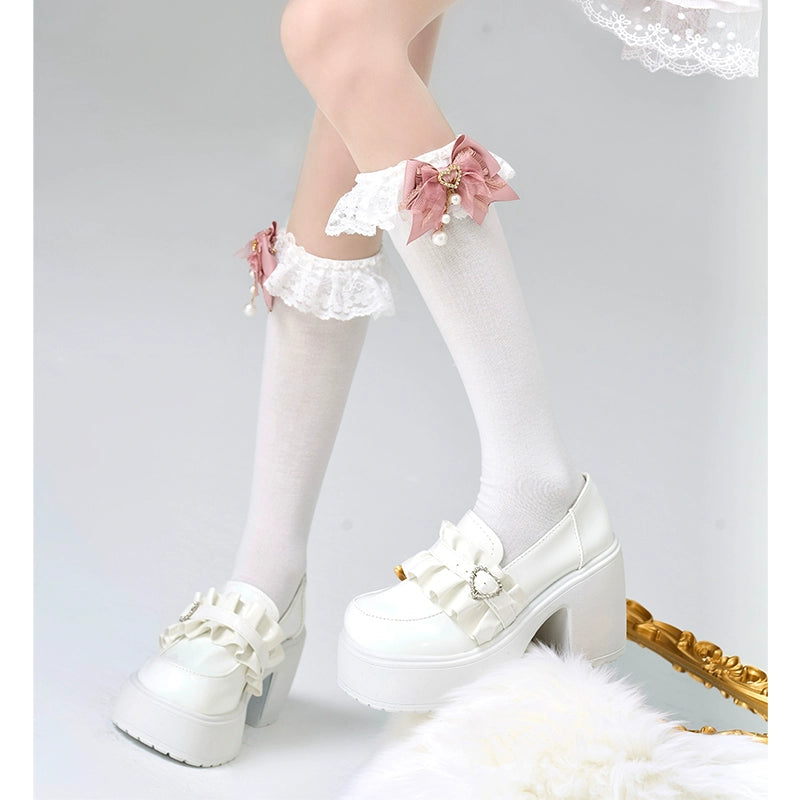 Jirai Kei Mid Length Cotton Socks, Bows and Pearls 44121:797898