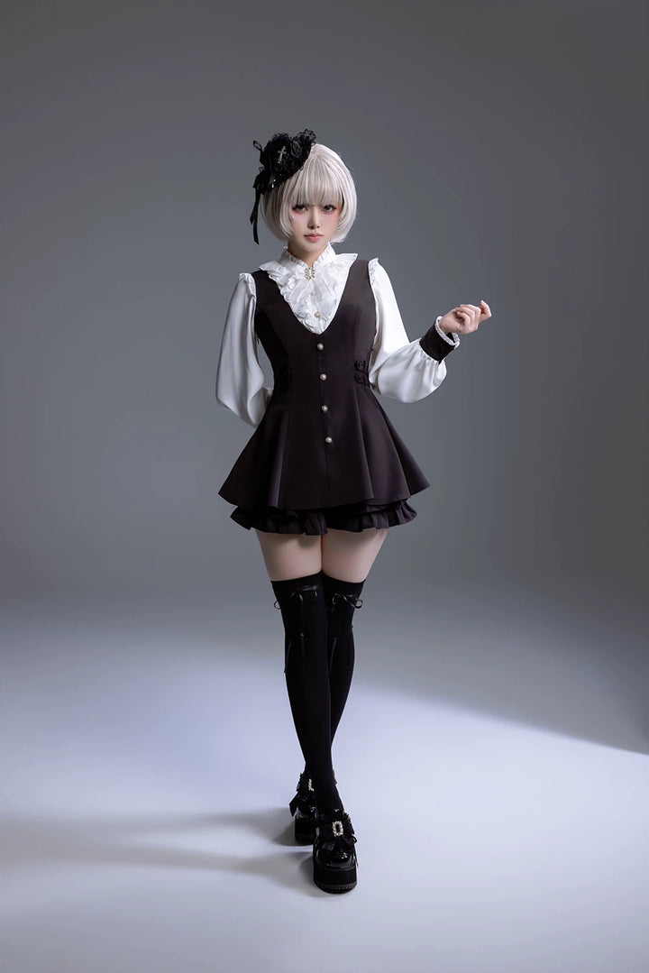 Black/White Jirai Kei Platform High Heel Shoes, Lace Bow 45952:872995