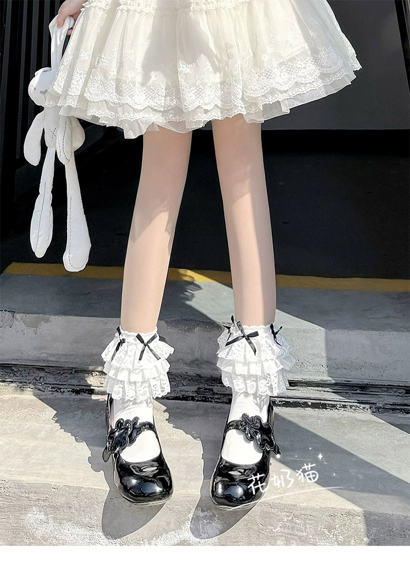 White Lolita Socks Bow And Lace Mid-Calf Cotton Socks 35630:500878 35630:500878