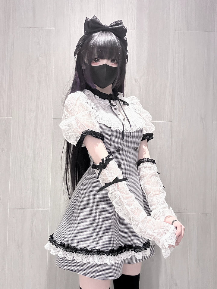 Jirai Kei Houndstooth Pattern Dress, Lace & Detachable Sleeves 44922:828294