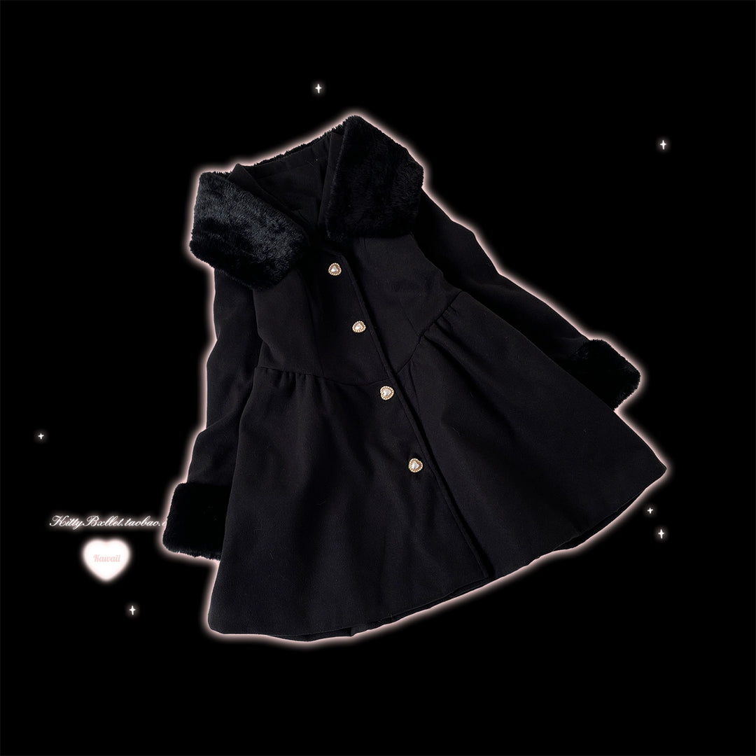 Jirai Kei Coat Detachable Fur Collar Dress Wool-like Jacket (Black) 40416:667610