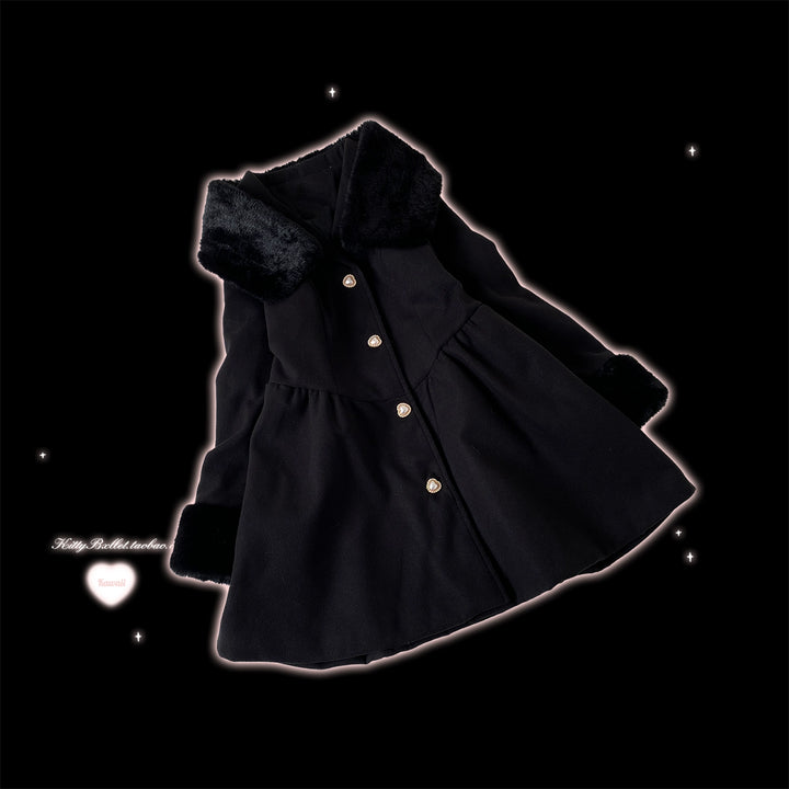 Jirai Kei Coat Detachable Fur Collar Dress Wool-like Jacket (Black) 40416:667610