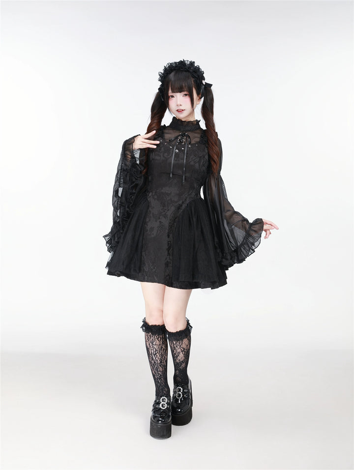Black/White Jirai Kei Jumper Dress & Hime-Sleeved Sheer Blouse 43326:773593
