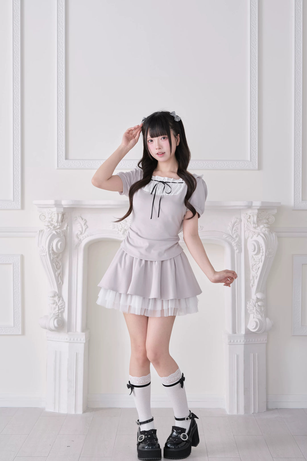 Jirai Kei Hoodie Top & Skirt Set, Tulle Hem 44941:829938