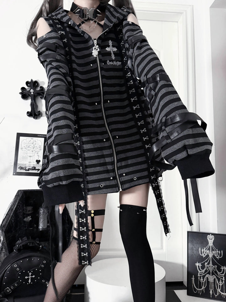 Gothic Open-Shoulder Hoodie Jacket with Devil Horns (M S) 46063:875397