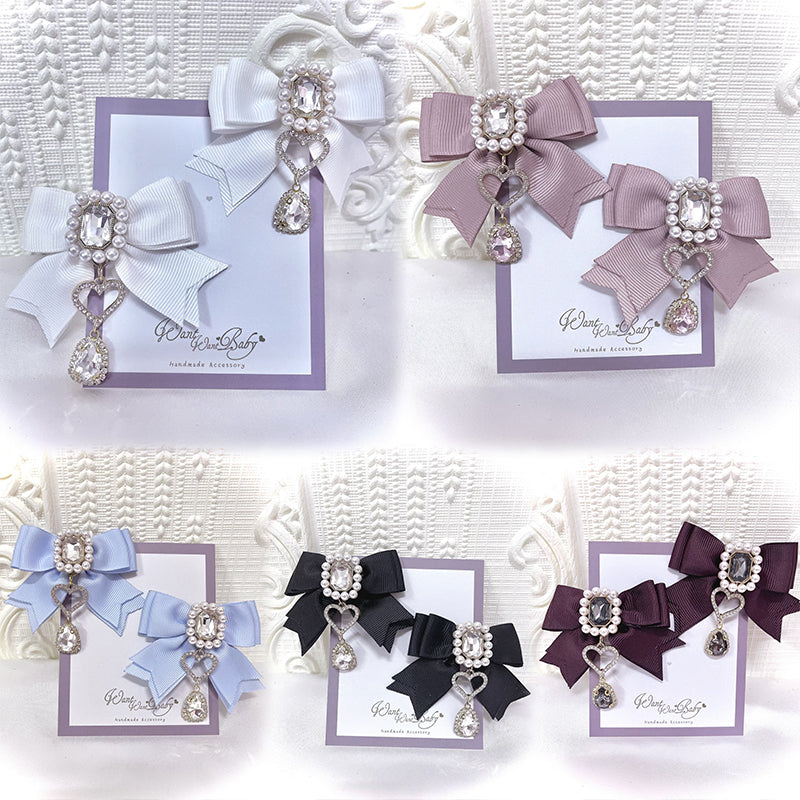 Ribbon Jirai Kei Hair Clips with Rhinestone And Pearl Detail 42436:740172