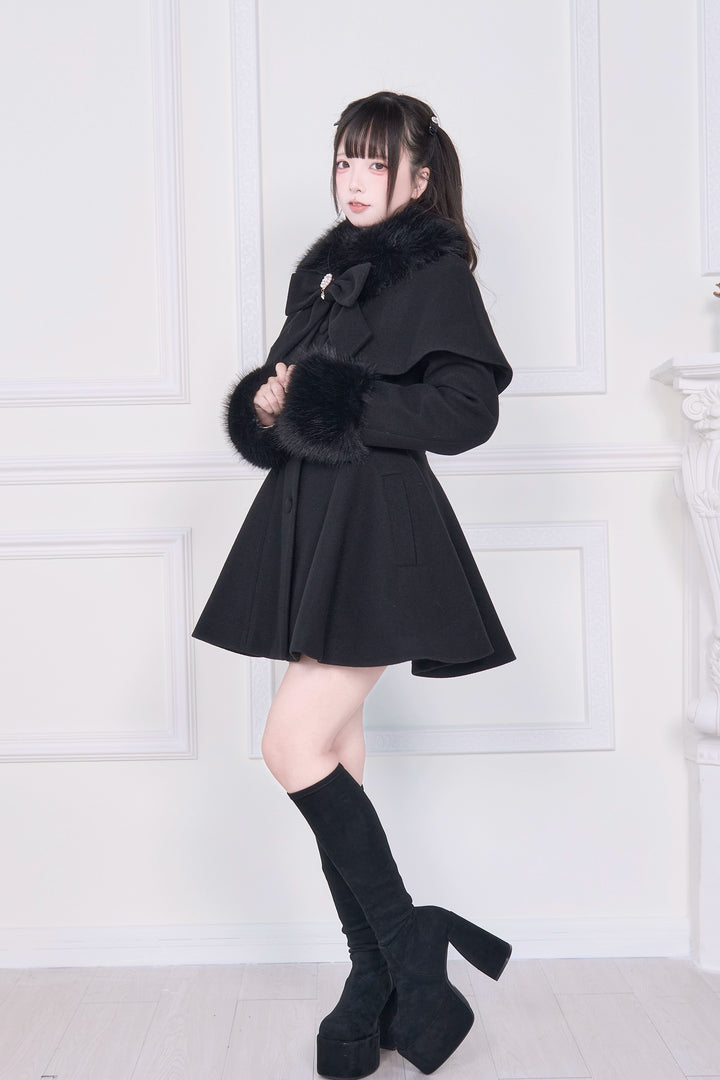 Jirai Kei Winter Coat, Faux Fur Trim, Detachable Cape 44066:794468