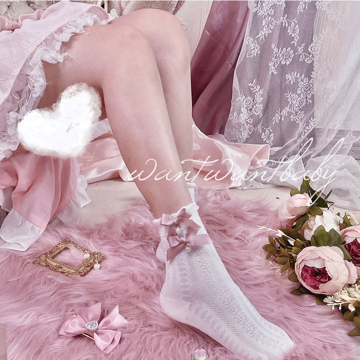Jirai Kei Socks Black White Pink Blue Bow Lace Socks 21754:320600