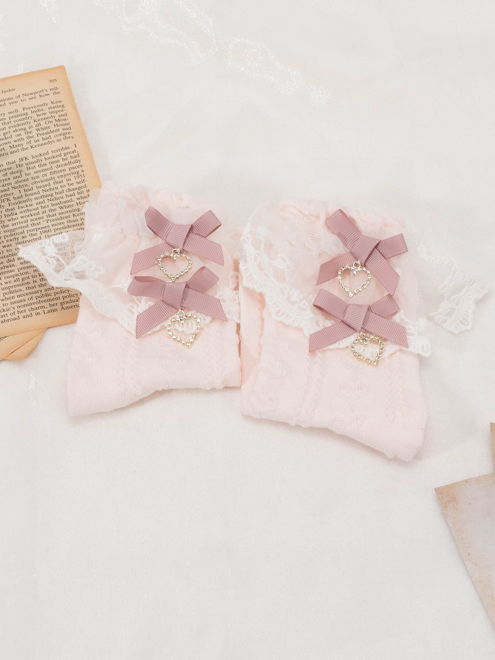 Lolita Mid-Calf Socks With Heart-shaped Rhinestone And Bow 21594:311006