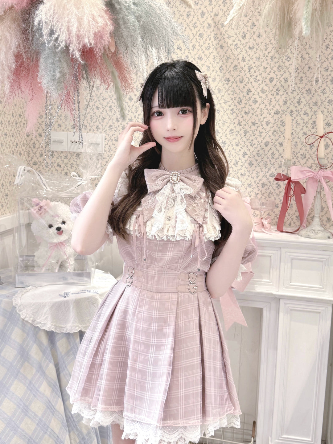 Pink Ryousangata Dress, Lace Trim & Square Rhinestone Bow 43193:770312