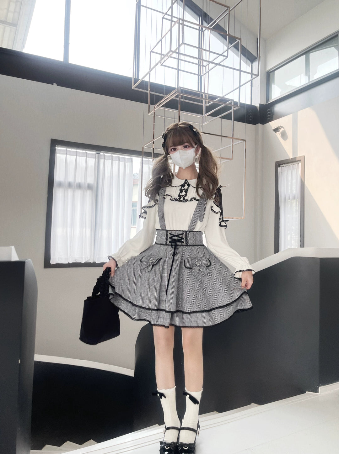 Jirai Kei Blouse White Lace Shirt Plaid Skirt Overall Dress 32960:431742