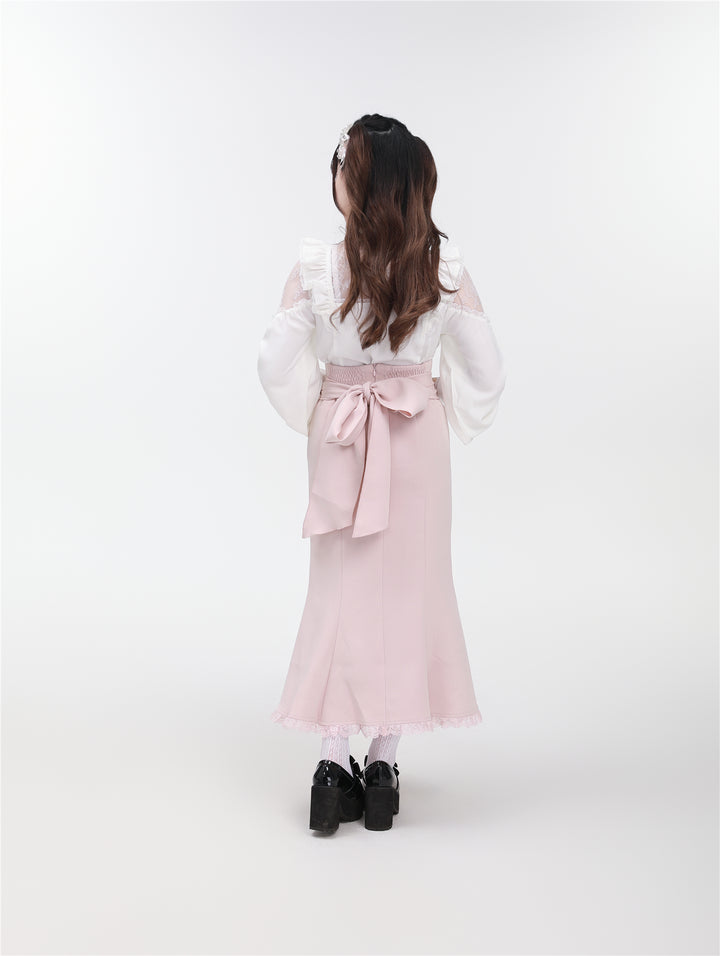 Jirai Kei Stand Collar Shirt with Lace Shoulder And Ribbon 42748:751797