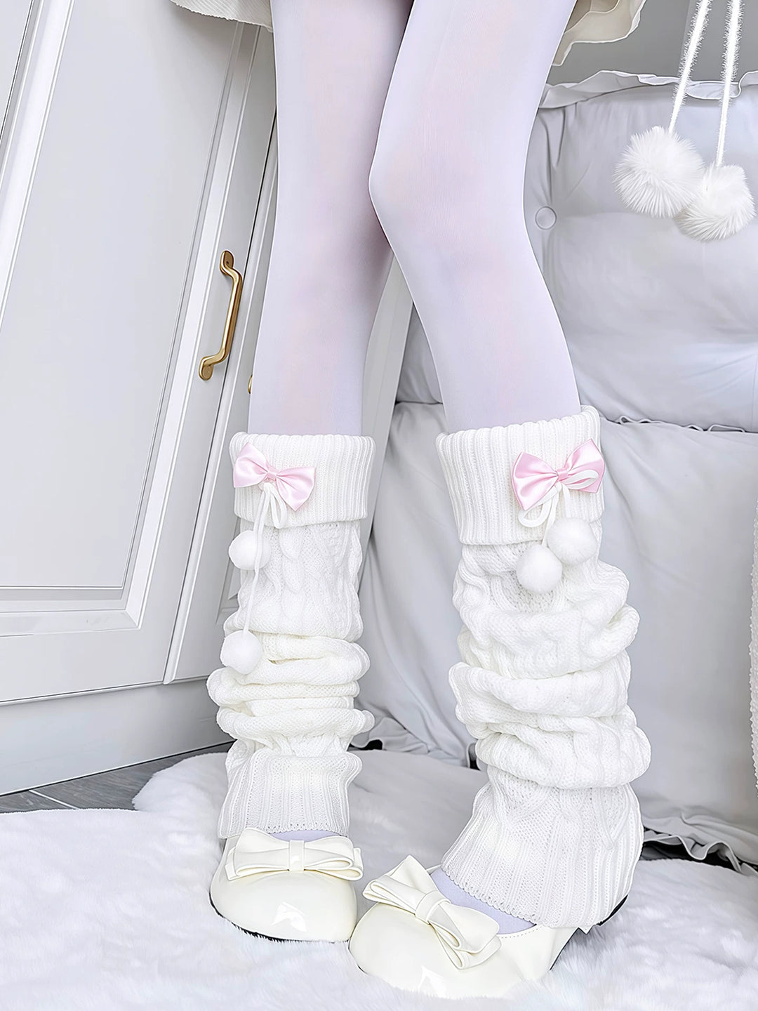 Knitted Winter Leg Warmers, Ribbon Bow and Pom-Poms 44479:816786