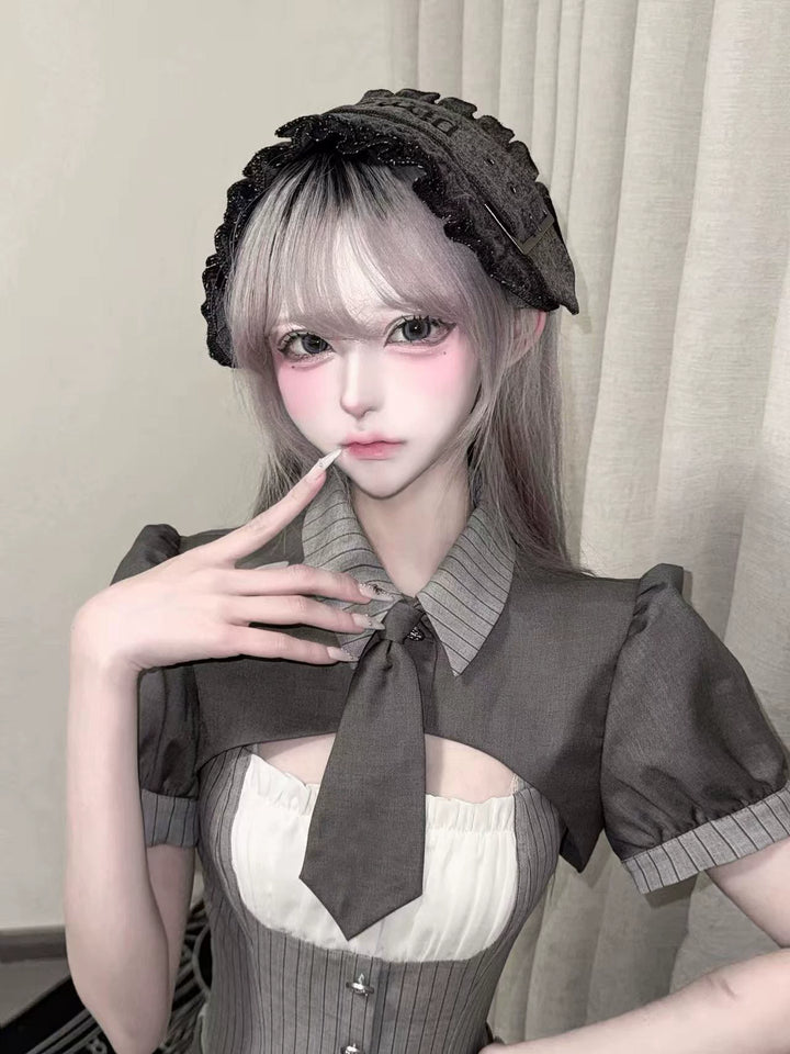 Jirai Kei Gray Striped Faux Two-Piece Dress, Mini Tie 44808:829272