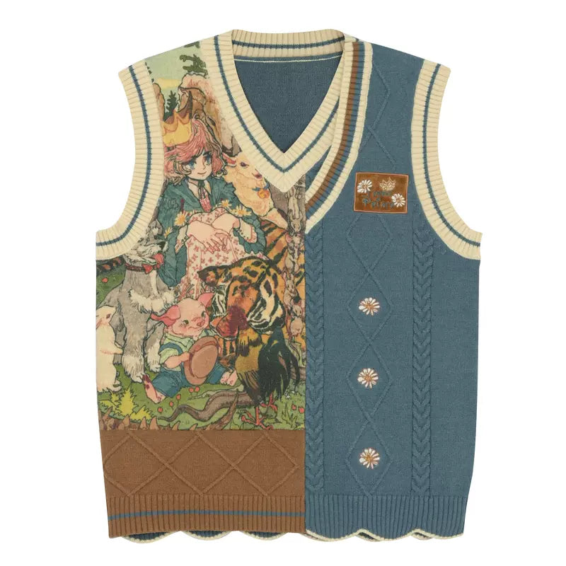 Mori Kei Vintage Style Melrad Knit Sweater Shirt Skirt Set (L M S XL / Vest) 22716:562390
