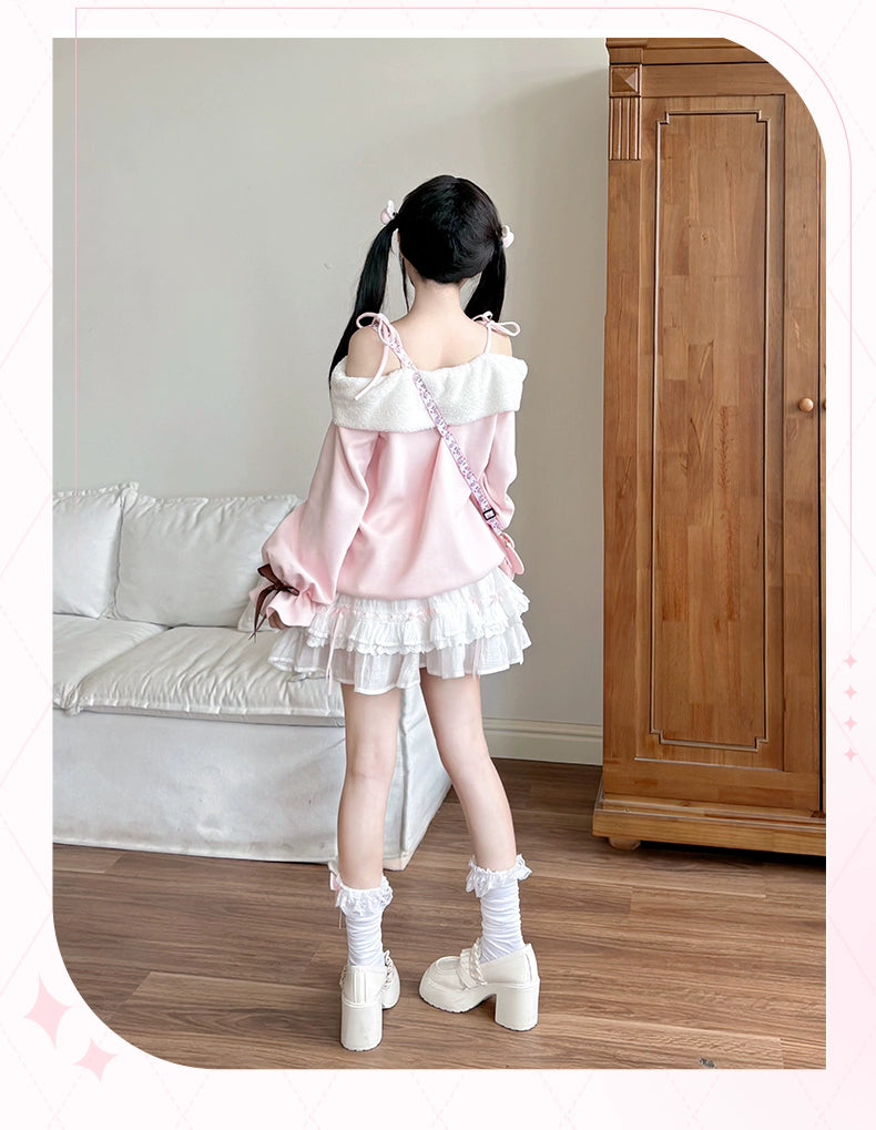 Off-Shoulder Kawaii Sweatshirt & Tiered Ruffle Skirt 43776:785338