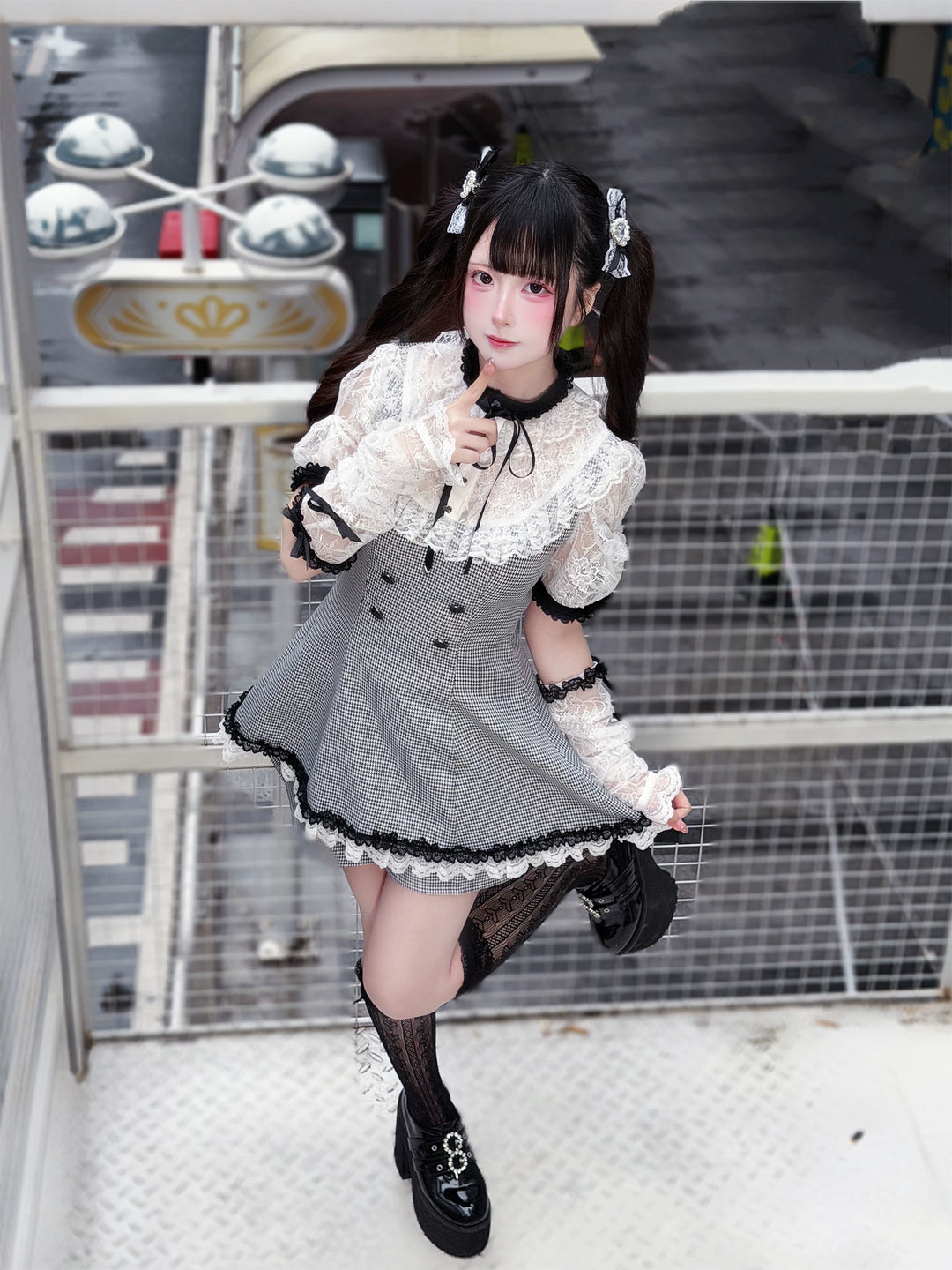 Jirai Kei Houndstooth Pattern Dress, Lace & Detachable Sleeves 44922:828278